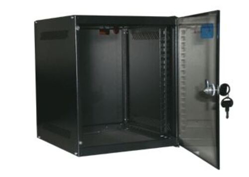 Armadio Rack a parete 6 unit - 10" - 2 montanti regolabili in profondit - Passo di foratura del telaio conforme alla norma IEC-297-1 - Porta anteriore in vetro fum temperato e reversibile - Nero