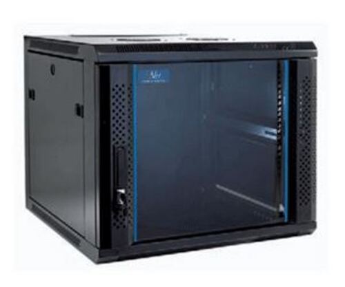 Armadio Rack a parete 12 unit - 19" - dimensioni 450X600 - Pareti laterali removibili con predisposizione serrature - Montanti regolabili in profondit - Foratura per 2 ventole a soffitto 120mm - Chiusura con maniglia a scomparsa con chiave - Nero