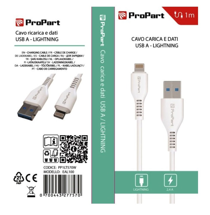 Cavo Lightning - Tipo-A 2.4A 5V - 1.5m - Carica Rapida e dati - Bianco