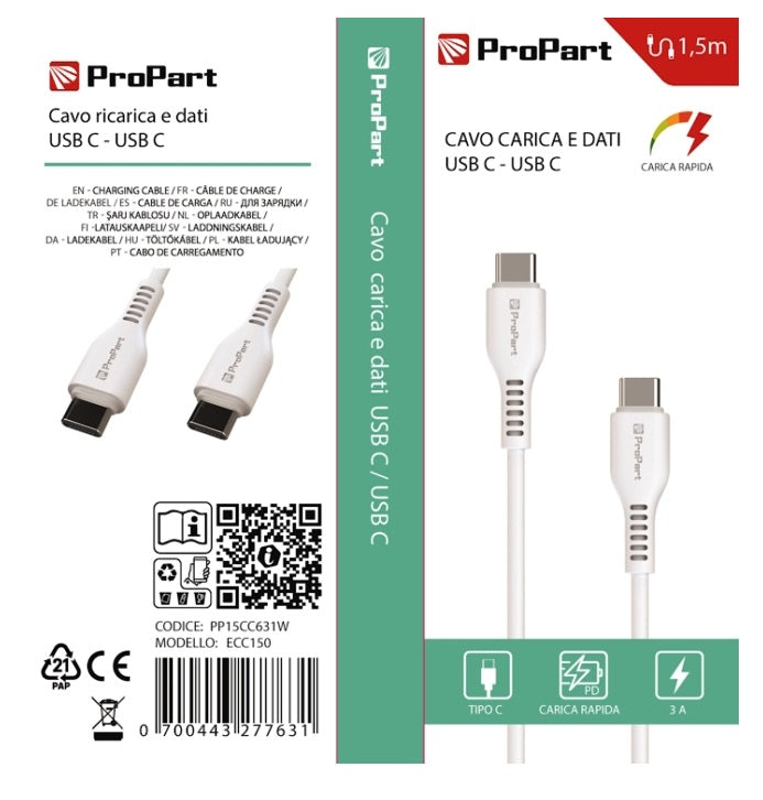 Cavo Usb Type-C - 3A - 1.5mt Carica Rapida e dati - Bianco