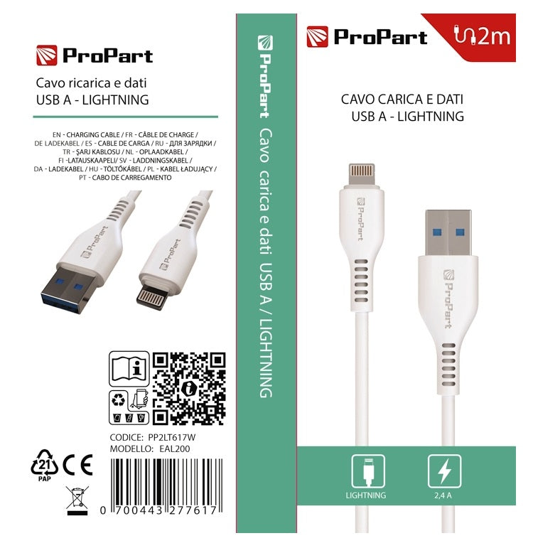 Cavo Lightning - Tipo-A 5V 2.4A 2mt Carica Rapida e dati - Bianco