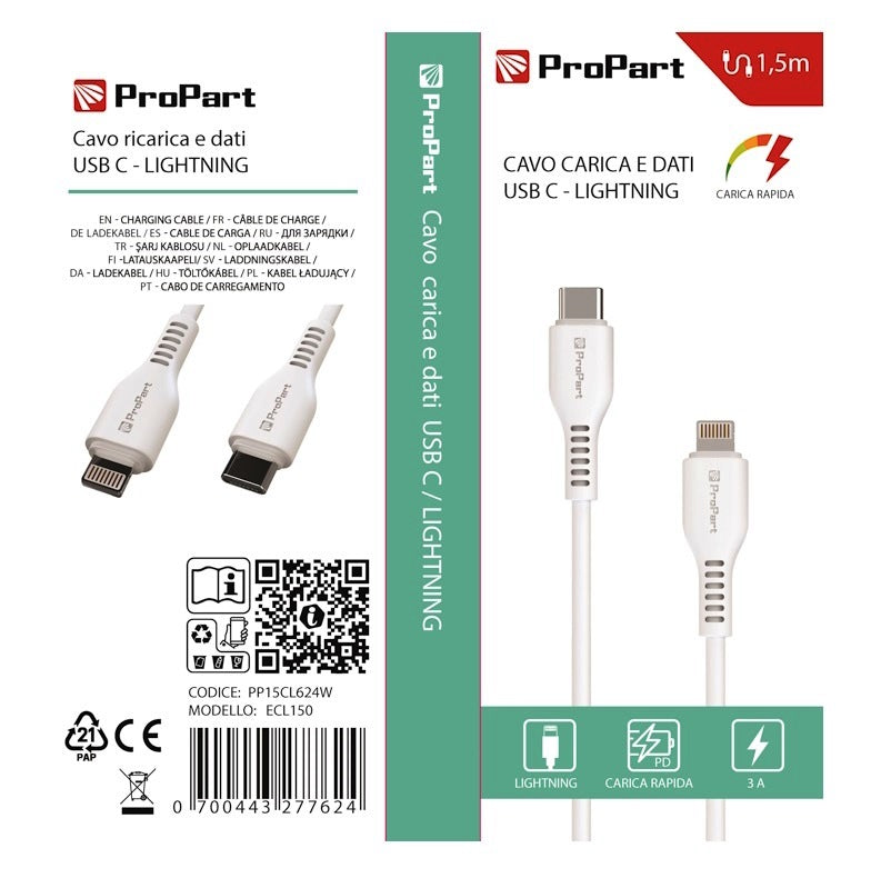 Cavo Lightning - Tipo-C 3A 1.5mt Carica Rapida e dati - Bianco