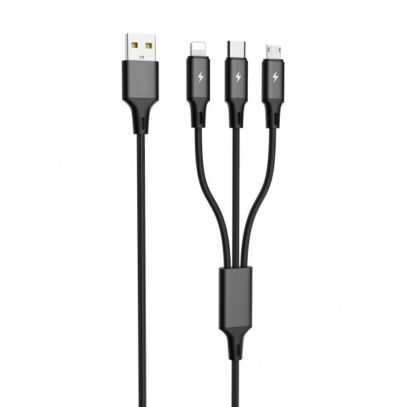 Cavo di ricarica muliplo USB 3 in 1 MICRO - TYPE C - LIGHTNING - nero USB 2.0 - ricarica fast 2.4A in nylon di alta qualità