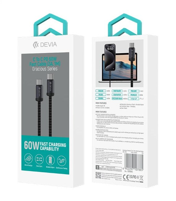 Cavo Devia da Tipo-C a Tipo-C PD 60W Alta velocita 1 Metro