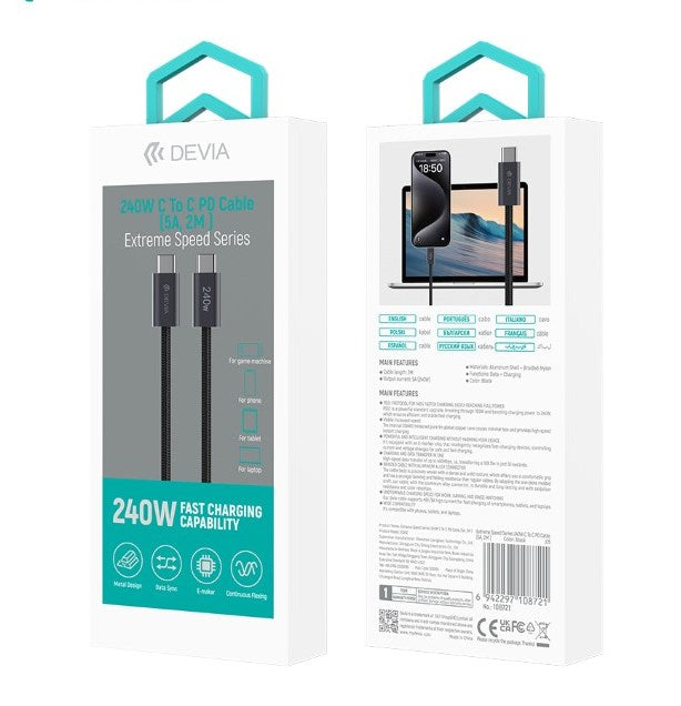 Cavo Devia da Tipo-C a Tipo-C PD 240W - Super rapido - 2 Metri