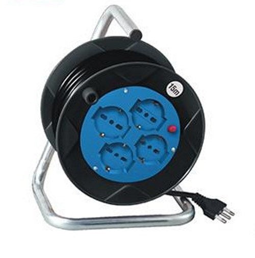 Avvolgicavo 4 posti: 4 prese 10/16A bipasso/schuko 2P+T - con manico in plastica - 15mt