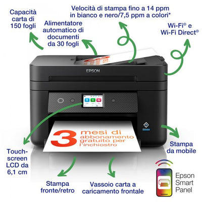 Stampante Multifunzione Epson WorkForce WF-2960DWF - Ink-jet A4 - Stampante / fotocopiatrice / scanner / Fax - 33ppm - Scansione 1.200 dpi x 2.400 dpi - ADF - USB, WiFi