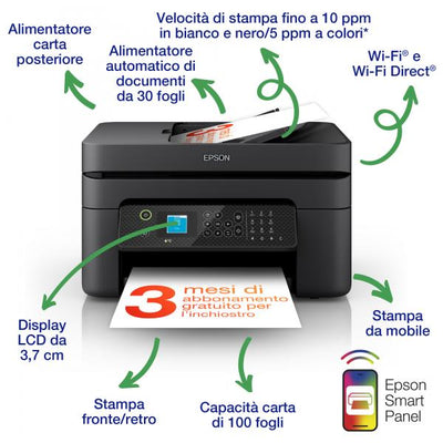 EPSON MULTIFUNZIONE INK A4 COLORE, WF-2930DWF, 33PPM, FRONTE/RETRO, ADF, USB/WIFI, 4 IN 1