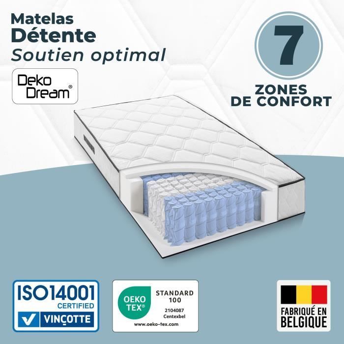 Materasso 90 x 190 cm - Altezza 19 cm - 380 molle insacchettate - 7 zone - Bilanciato - reversibile - prodotto in Belgio