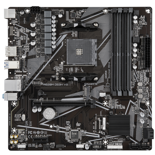 Scheda madre Gigabyte A520M DS3H V2 - Supporta CPU AMD Ryzen serie 5000 AM4, fino a 4733 MHz DDR4 (OC), PCIe 3.0 x16, GbE LAN, USB 3.2 Gen 1, AMD, Socket AM4, AMD Ryzen 3000 Series, AMD Ryzen Threadr