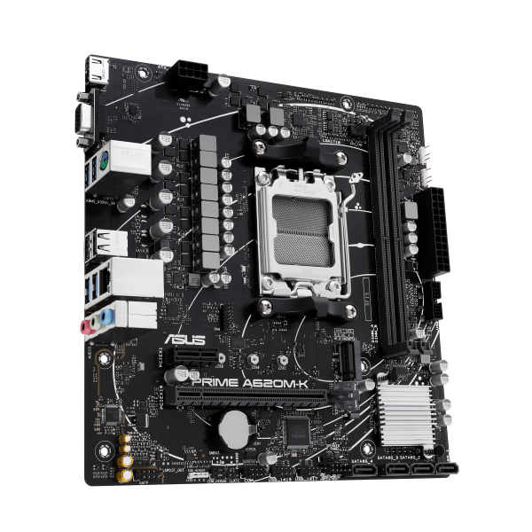 Scheda Madre Asus PRIME A620M-K - Socket AM5 - Supporta i processori AMD Socket AM5 Ryzen 7000 - 2x DDR5 - RAID 0, 1,10 - Vga, Hdmi - USB 3.2/2.0 - Gigabit LAN - Audio HD 7.1 - PCI Express x16 - mATX