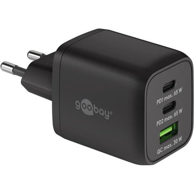 Nano Caricatore Alimentatore GaN 2xUSB-C (PD) + USB-A (QC) da Muro 65W Nero