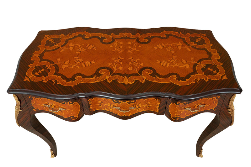 Biscottini Scrivania in legno impiallacciato finitura noce arricchita con intarsi e decori in bronzo totalmente realizzati a mano