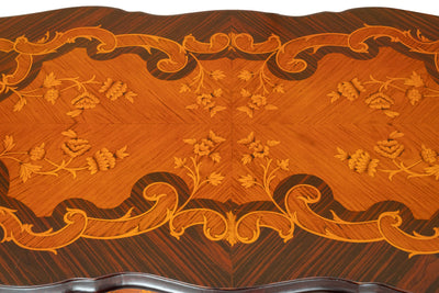 Biscottini Scrivania in legno impiallacciato finitura noce arricchita con intarsi e decori in bronzo totalmente realizzati a mano