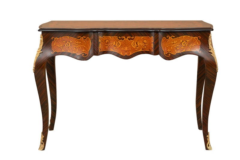 Biscottini Scrivania in legno impiallacciato finitura noce arricchita con intarsi e decori in bronzo totalmente realizzati a mano