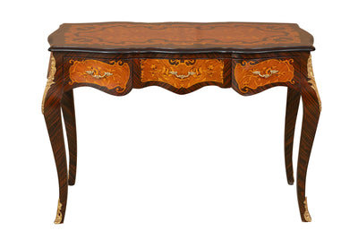 Biscottini Scrivania in legno impiallacciato finitura noce arricchita con intarsi e decori in bronzo totalmente realizzati a mano