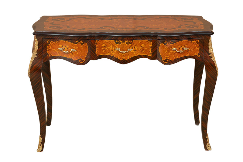 Biscottini Scrivania in legno impiallacciato finitura noce arricchita con intarsi e decori in bronzo totalmente realizzati a mano