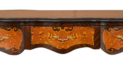 Biscottini Scrivania in legno impiallacciato finitura noce arricchita con intarsi e decori in bronzo totalmente realizzati a mano