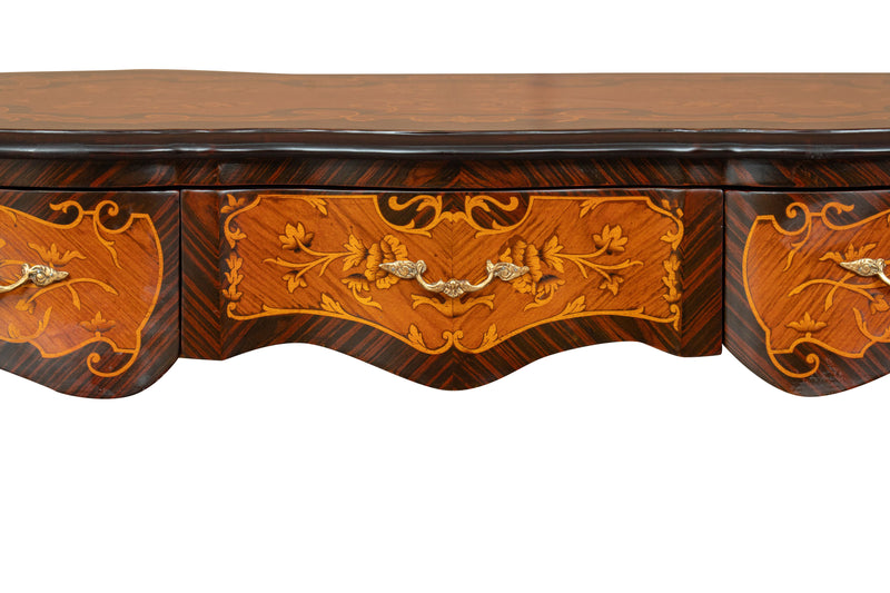 Biscottini Scrivania in legno impiallacciato finitura noce arricchita con intarsi e decori in bronzo totalmente realizzati a mano