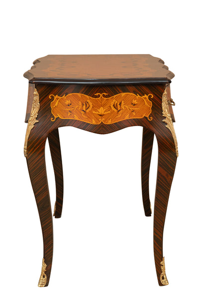 Biscottini Scrivania in legno impiallacciato finitura noce arricchita con intarsi e decori in bronzo totalmente realizzati a mano