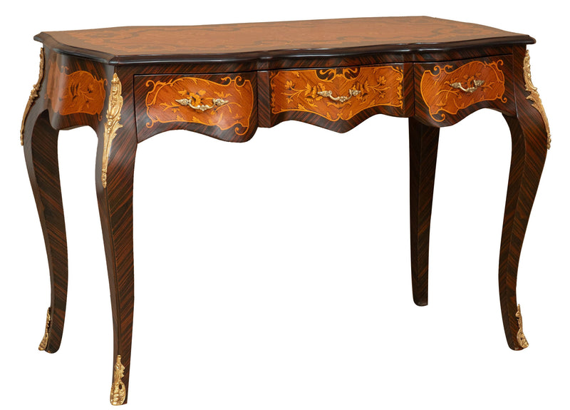 Biscottini Scrivania in legno impiallacciato finitura noce arricchita con intarsi e decori in bronzo totalmente realizzati a mano