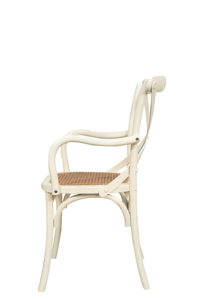 Biscottini Sedia con braccioli Thonet in massello di frassino bianca anticata e seduta in paglia di Vienna