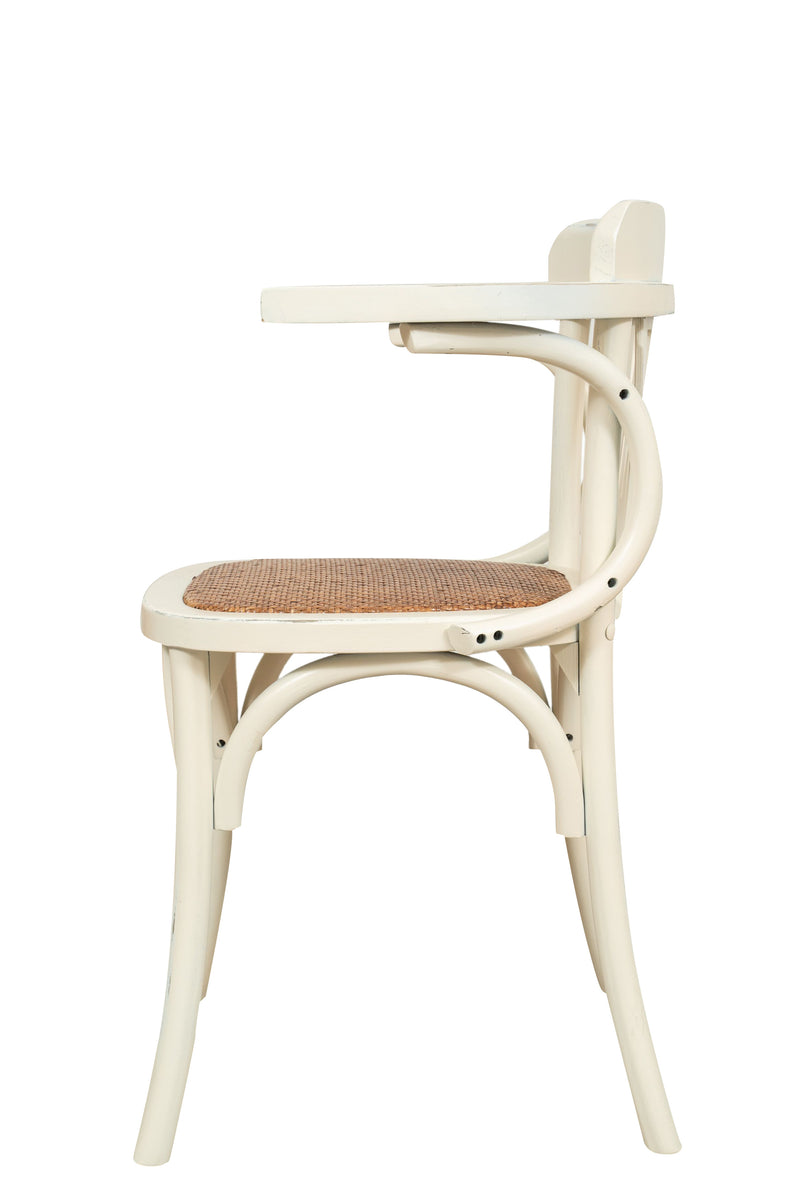 Biscottini Sedia Poltrona con braccioli Thonet in massello di frassino finitura bianca anticata e seduta in rattan