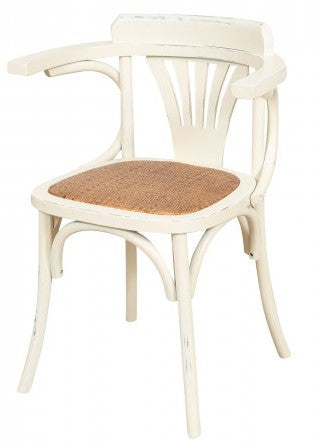 Biscottini Sedia Poltrona con braccioli Thonet in massello di frassino finitura bianca anticata e seduta in rattan