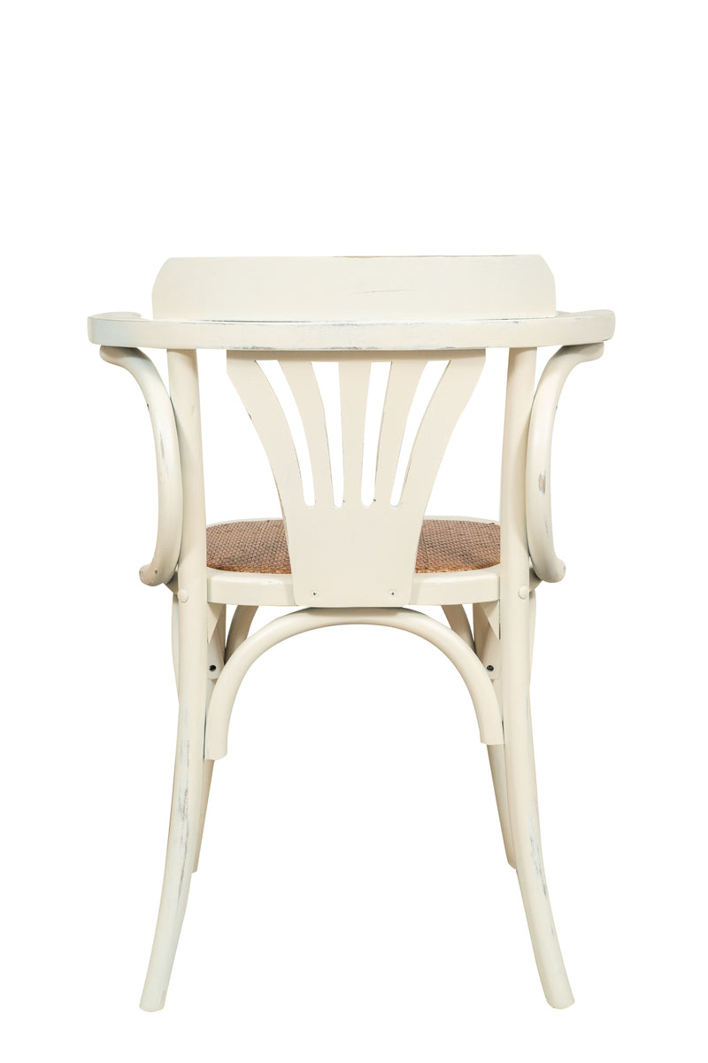 Biscottini Sedia Poltrona con braccioli Thonet in massello di frassino finitura bianca anticata e seduta in rattan