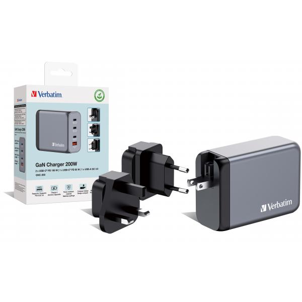 Verbatim GNC-200 Universale Nero, Grigio AC Ricarica rapida Interno (VERBATIM GNC-200 GaN Charger 4 Port 200W USB A/C [EU/UK/US])