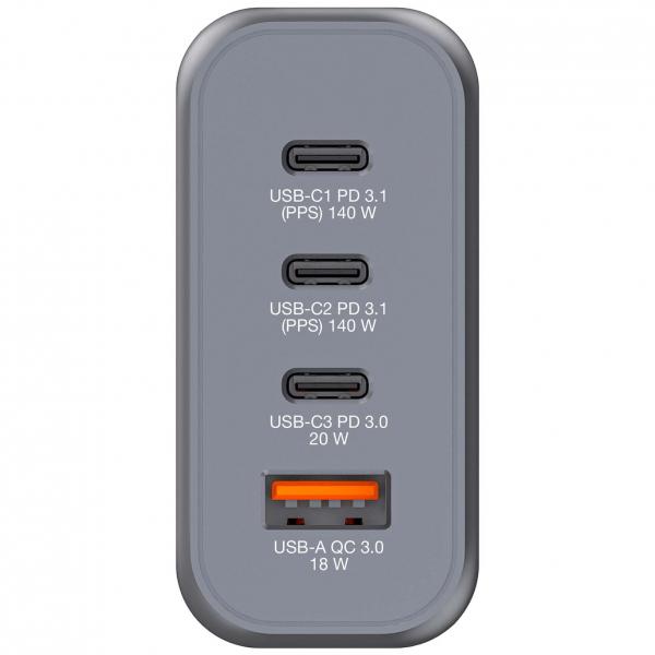 Alimentatore Verbatim - GaN - 140 Watt - 5 A - PD 3.0, Power Delivery 3.1, QC 3.0, PD/PPS - 4 porte di uscita (3 x USB-C, USB)