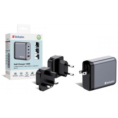 Alimentatore Verbatim - GaN - 140 Watt - 5 A - PD 3.0, Power Delivery 3.1, QC 3.0, PD/PPS - 4 porte di uscita (3 x USB-C, USB)