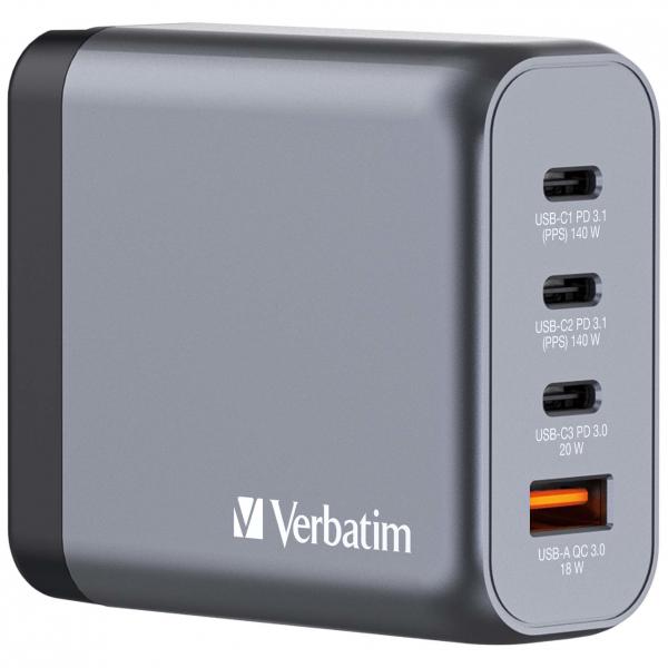 Alimentatore Verbatim - GaN - 140 Watt - 5 A - PD 3.0, Power Delivery 3.1, QC 3.0, PD/PPS - 4 porte di uscita (3 x USB-C, USB)