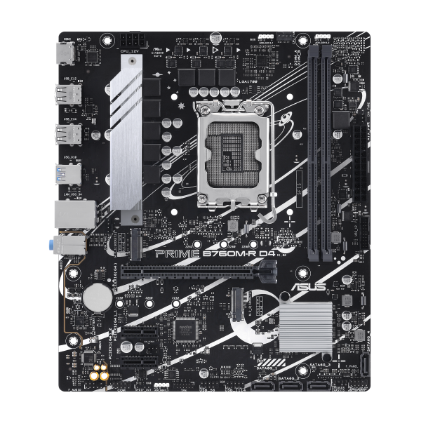Scheda madre Asus Prime B760M-R D4 - Supporto processori Intel Socket 1700 12a, 13a e 14a Gen Intel Core - Ram 2x DDR4 - Hdmi - RAID 0,1,5,10 - 8x Usb3.2 / 2x Usb2.0 - GLan - Audio HD - Micro-ATX