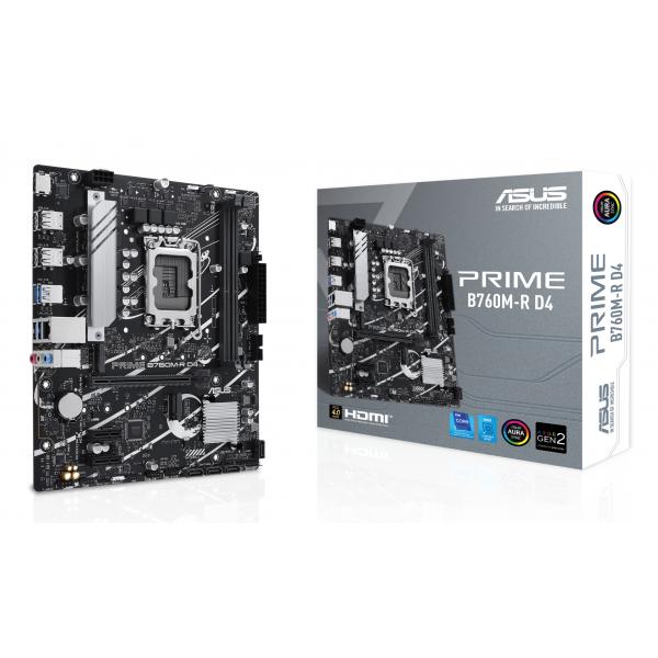 Scheda madre Asus Prime B760M-R D4 - Supporto processori Intel Socket 1700 12a, 13a e 14a Gen Intel Core - Ram 2x DDR4 - Hdmi - RAID 0,1,5,10 - 8x Usb3.2 / 2x Usb2.0 - GLan - Audio HD - Micro-ATX