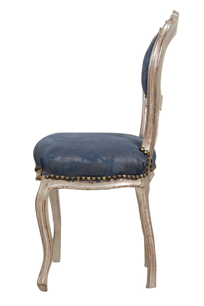 Biscottini Sedia poltroncina stile francese Luigi XVI in legno massello di faggio finitura argento e blu