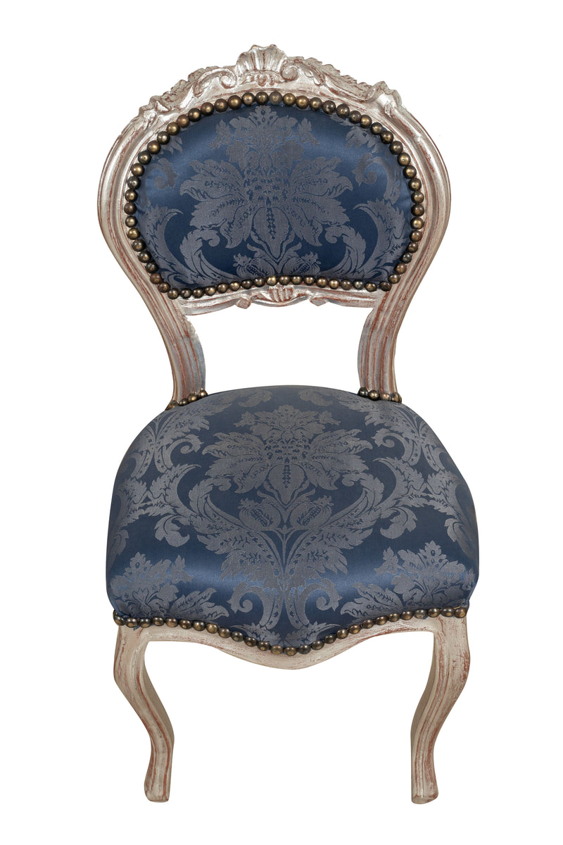 Biscottini Sedia poltroncina stile francese Luigi XVI in legno massello di faggio finitura argento e blu
