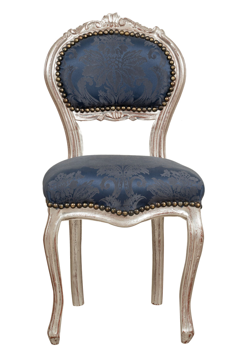 Biscottini Sedia poltroncina stile francese Luigi XVI in legno massello di faggio finitura argento e blu
