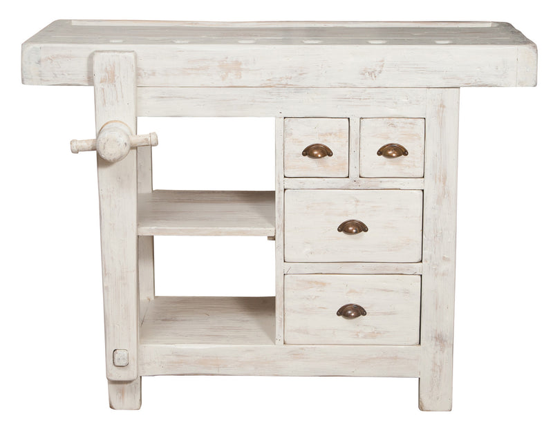 Biscottini Banco da lavoro Country in legno massello di tiglio finitura bianca anticata L116xPR63xH90 cm. Made in Italy