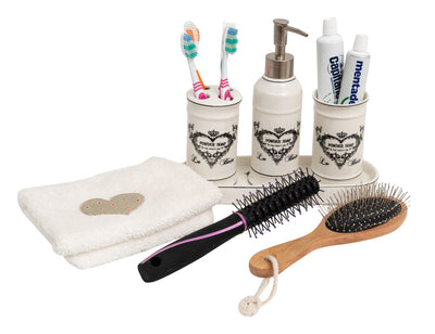 Biscottini Set bagno "Savons Superfines" 4 pezzi in porcellana bianca decorata L25xPR10xH21 cm