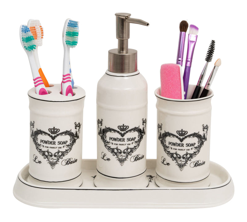 Biscottini Set bagno "Savons Superfines" 4 pezzi in porcellana bianca decorata L25xPR10xH21 cm