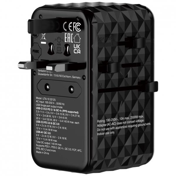 Verbatim 32125 Caricabatterie per dispositivi mobili Universale Nero AC Ricarica rapida Interno (Verbatim GAN III TRAVEL ADAPTER UTA-10)