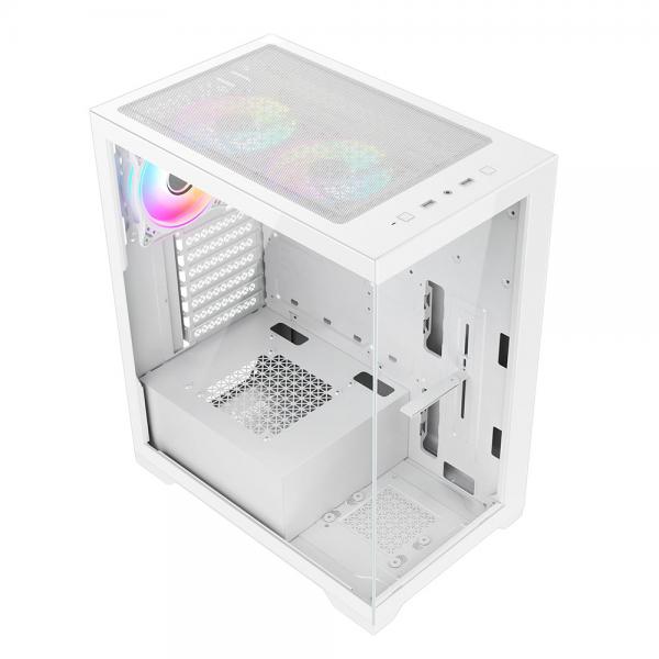 VIDA VETRO-WHT computer case Tower Bianco (Vida Vetro White ARGB Gaming Case w/ Glass Front & Side, ATX, 3x ARGB PWM Fans, 6-Port ARGB Fan Hub & Remote Control)
