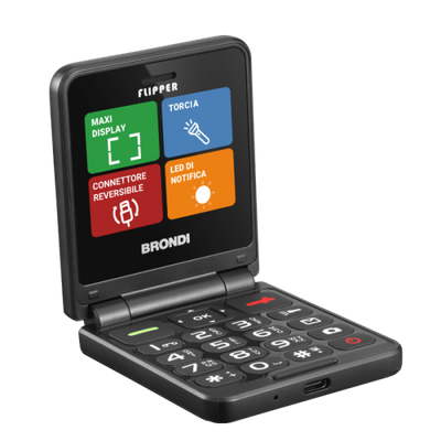 BRONDI FLIPPER (NERO) - TELEFONO CELLULARE PER ANZIANI - TORCIA - FOTOCAMERA