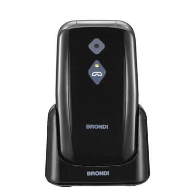 BRONDI AMICO SICURO PLUS (NERO) - TELEFONO CELLULARE PER ANZIANI - TASTO SOS - CONTROLLO REMOTO - ANNUNCIO VOCALE - BASE DI RICARICA