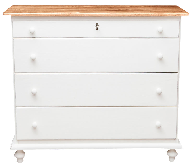 Biscottini Comò Country in legno massello di tiglio struttura bianca anticata piano finitura naturale L114xPR49xH99 cm. Made in Italy