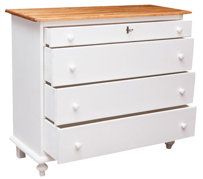 Biscottini Comò Country in legno massello di tiglio struttura bianca anticata piano finitura naturale L114xPR49xH99 cm. Made in Italy