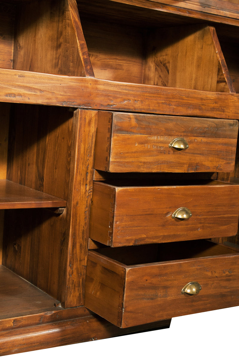 Biscottini Libreria Country in legno massello di tiglio finitura noce L172xPR50xH226 cm. Made in Italy