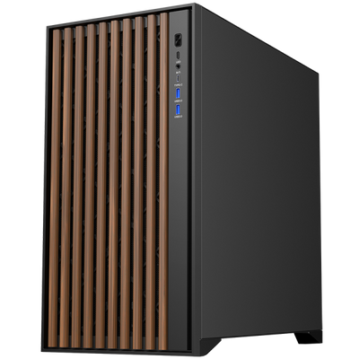 Case Itek Woody - Gaming Tower, ATX, 3x14cm Black fan, 2xUSB3, Type-C, Wood Front, Temp Glass Side Panel