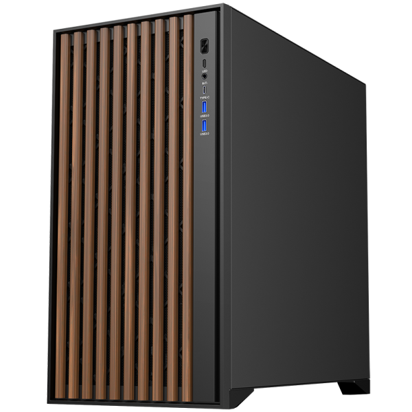 Case Itek Woody - Gaming Tower, ATX, 3x14cm Black fan, 2xUSB3, Type-C, Wood Front, Temp Glass Side Panel